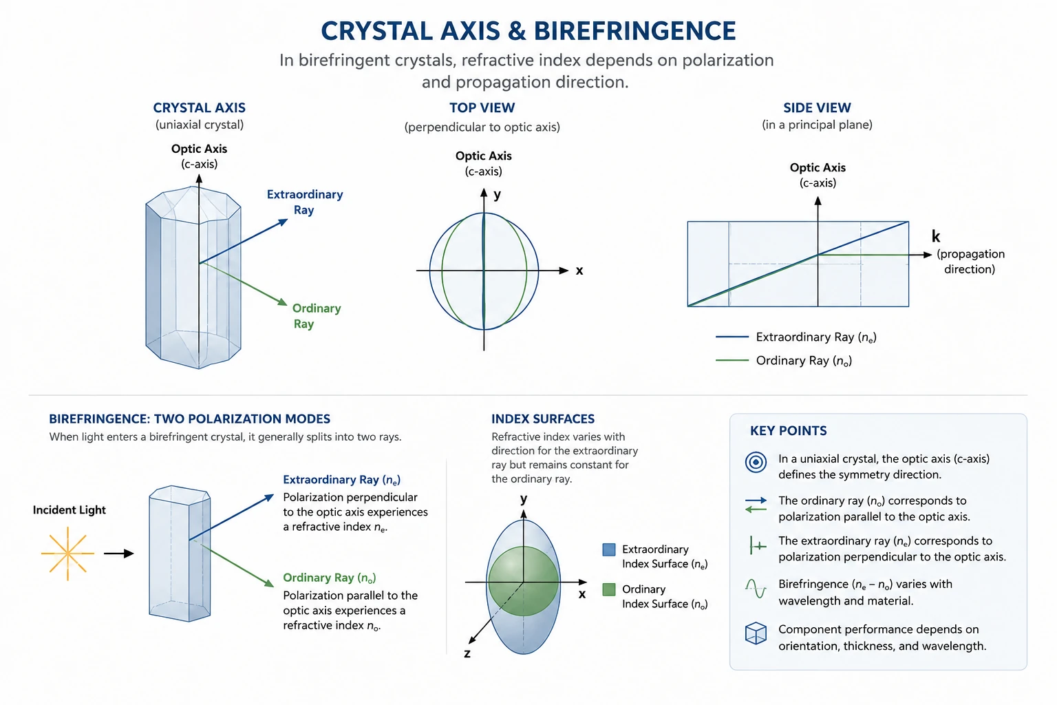 Educational diagram illustrating crystal optical axis orientation and birefringence